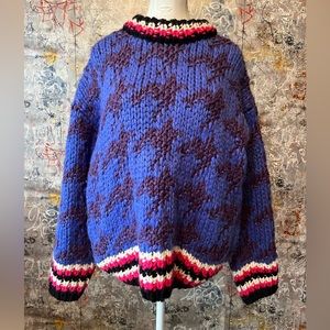 Chunky Blue & Brown Patterned Crewneck Sweater with Pink Trim